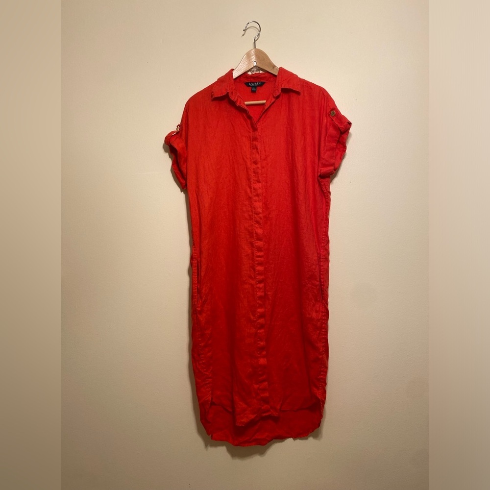 Ralph Lauren Black Label Vibrant Coral Linen Shirt Dress . Size 6